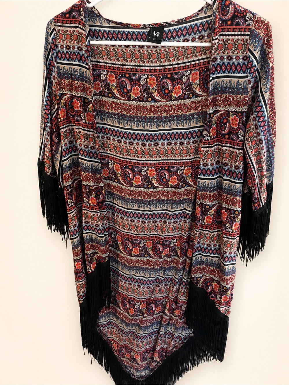 Love Tease Multicolor Paisley Fringe Open-Front Kimono - Red & Blue